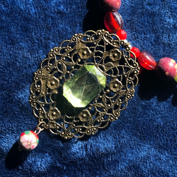 Handcrafted repurpose filigree large stone cloisonné pendant bead necklace - Picture 7 of 8